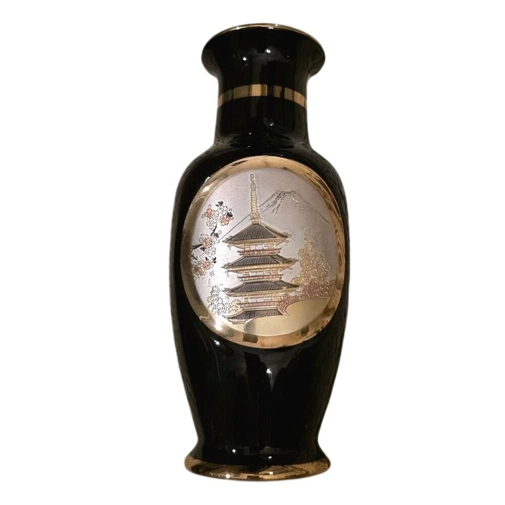 Art of Chokin 24K Gold Edged‎ Japanese Black Vase Pagoda Mount Fuji C1